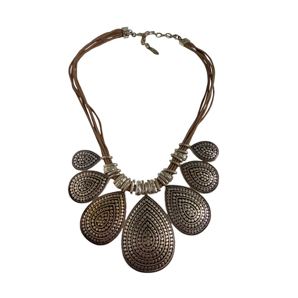 St Thomas Silver Tone Teardrop Bib Statement Necklace Multi Strand Cord Boho